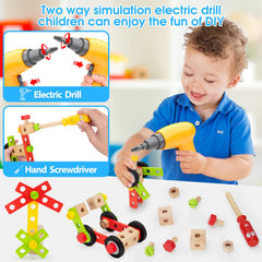 Wooden tool set including drill that requires batteries