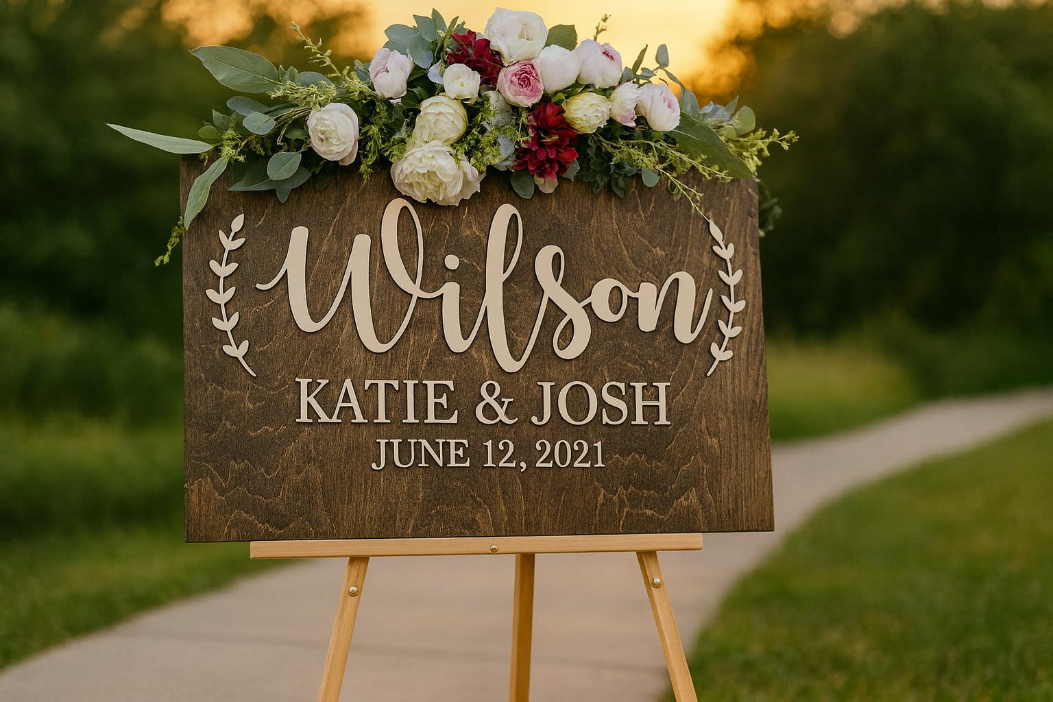Wooden wedding welcome sign with white finish