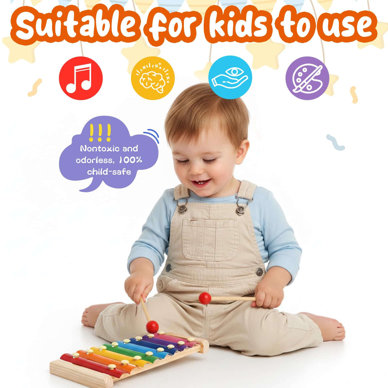 Aluminum keys on a wooden rainbow xylophone for kids