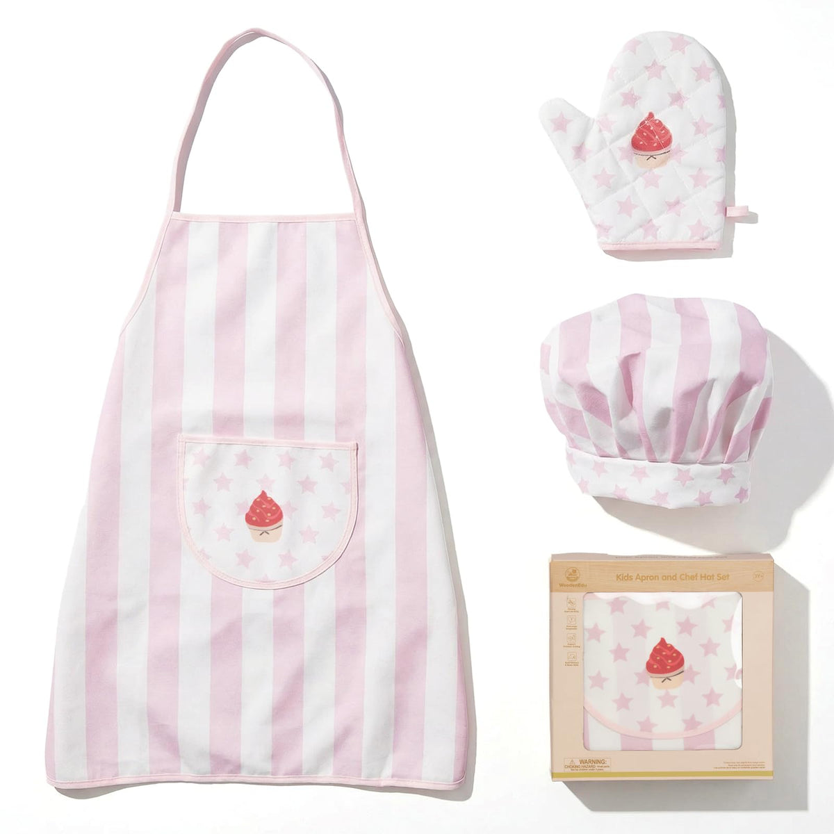 WoodenEdu kid apron set pink kitchen apron and chef hat