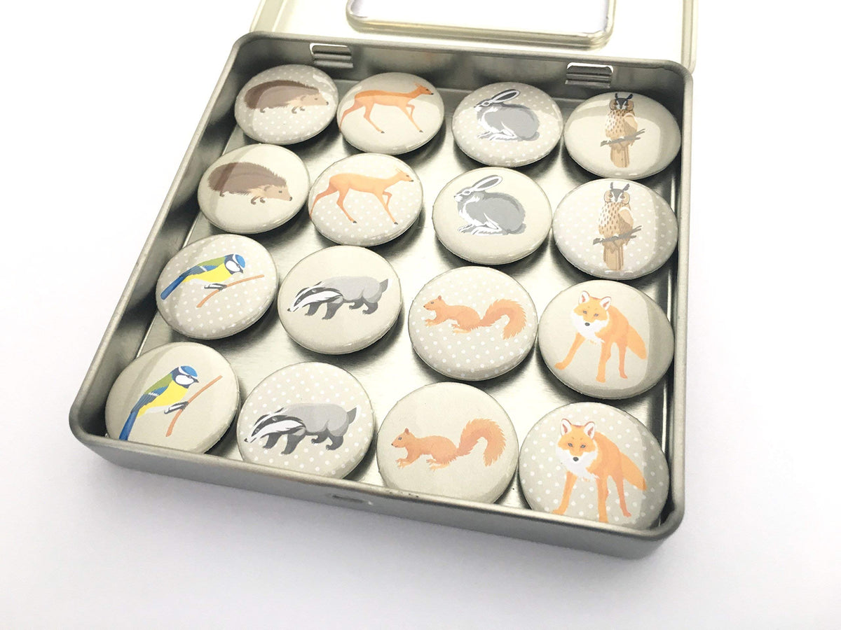 Woodland Animals Magnet Set 16 magnets in 4 inch tin