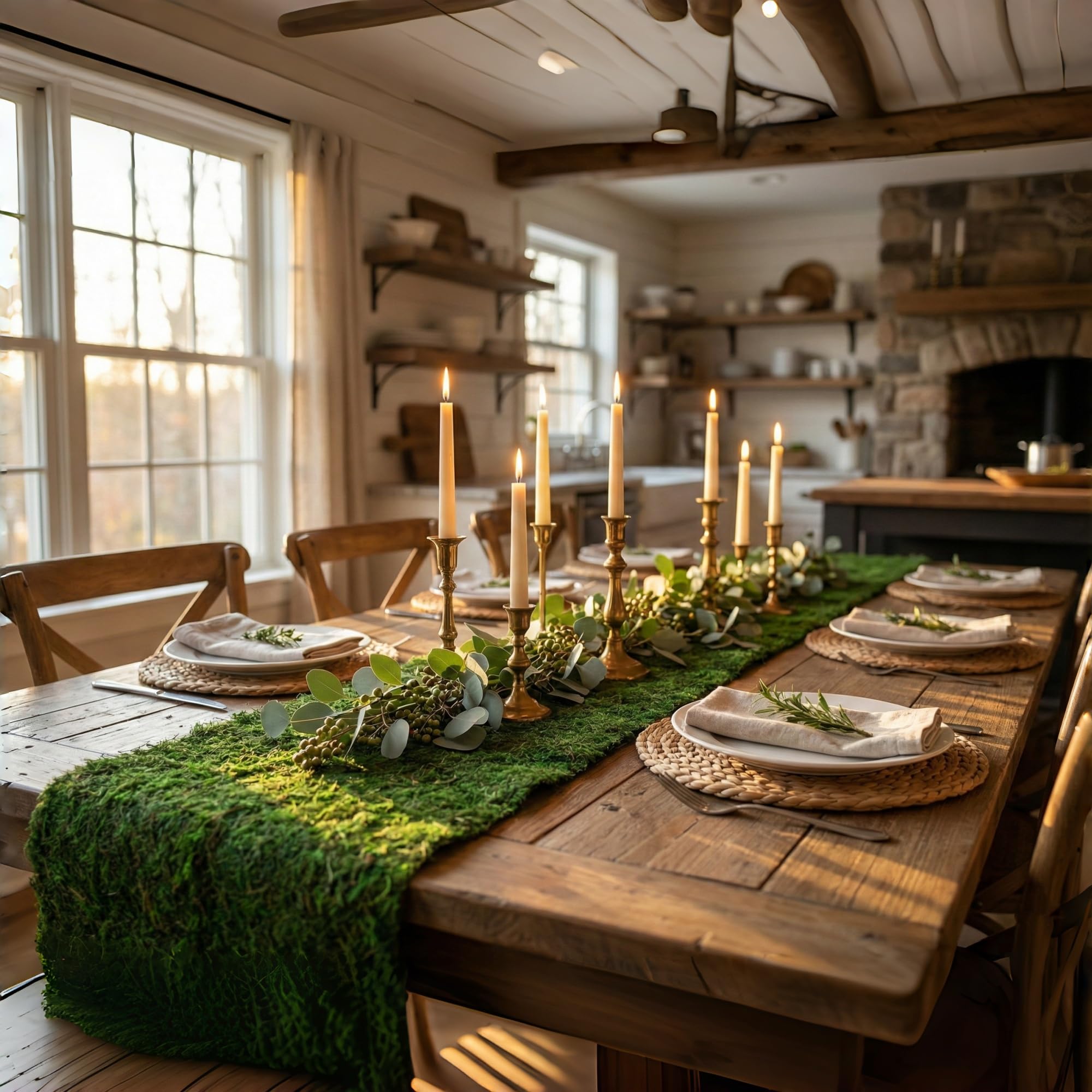Woodland themed moss decor runner for events