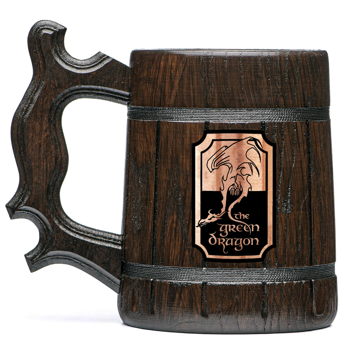 WoodwithMood Green Dragon Mug Wooden Beer Stein copper plaque