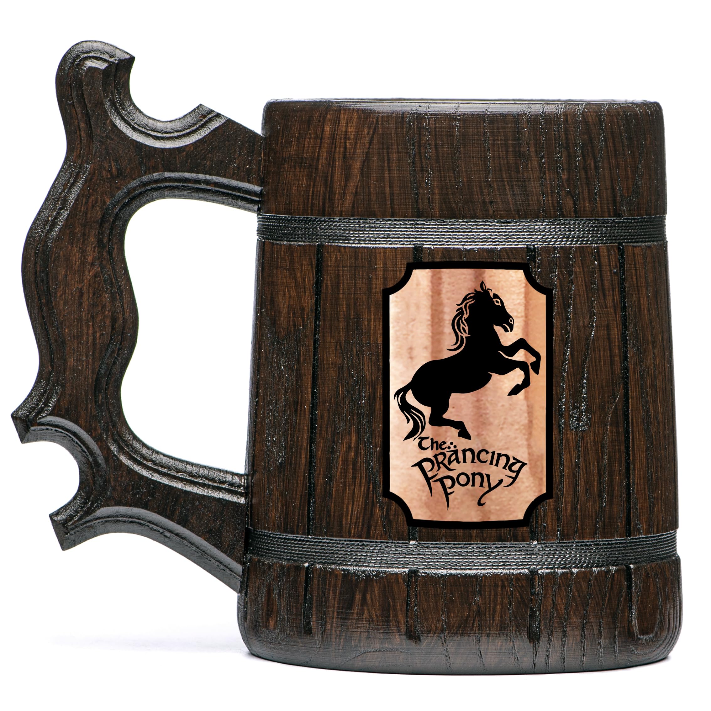 Prancing Pony wooden beer mug with oak wood and copper plaque