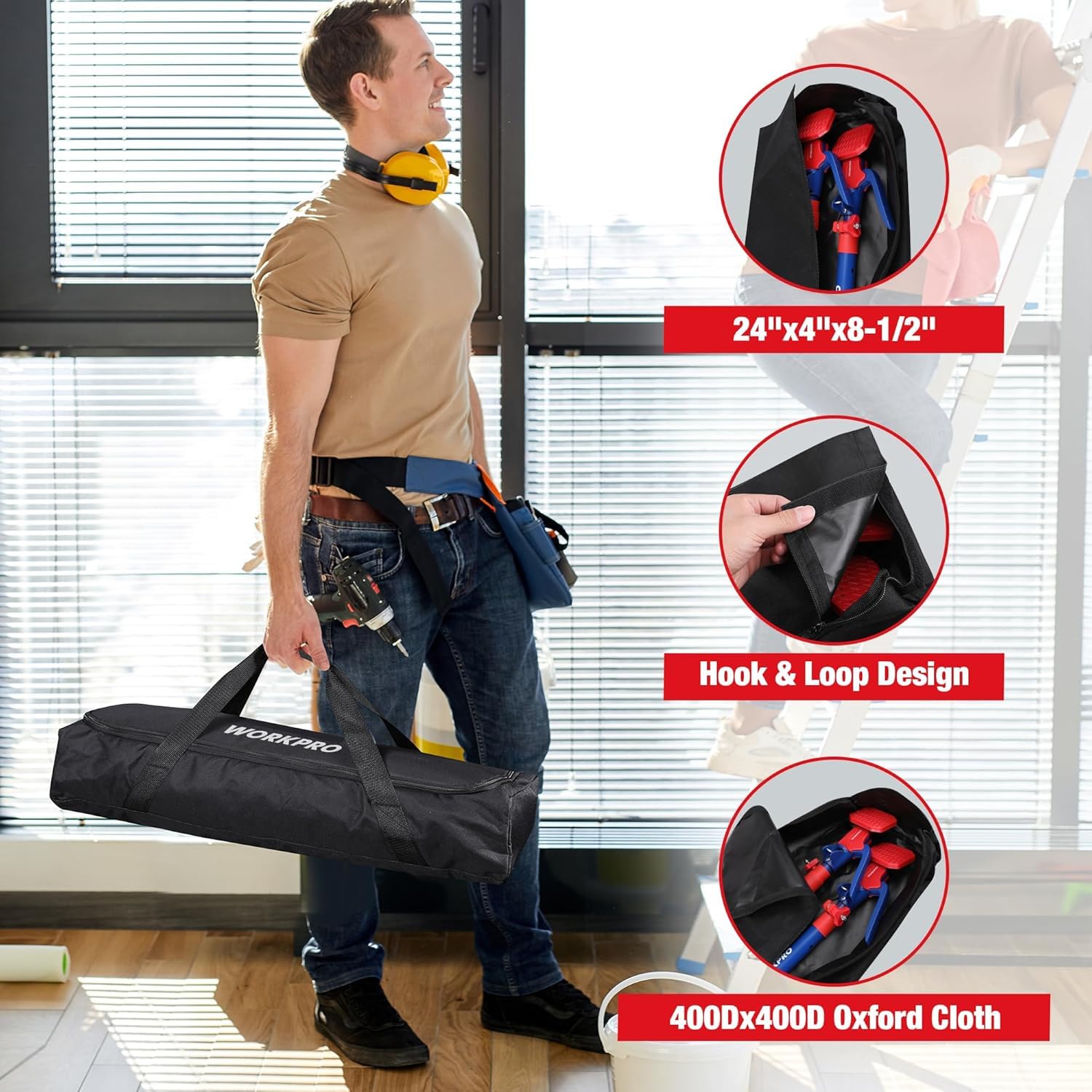 Red alignment line shows pin positions on WORKPRO pole