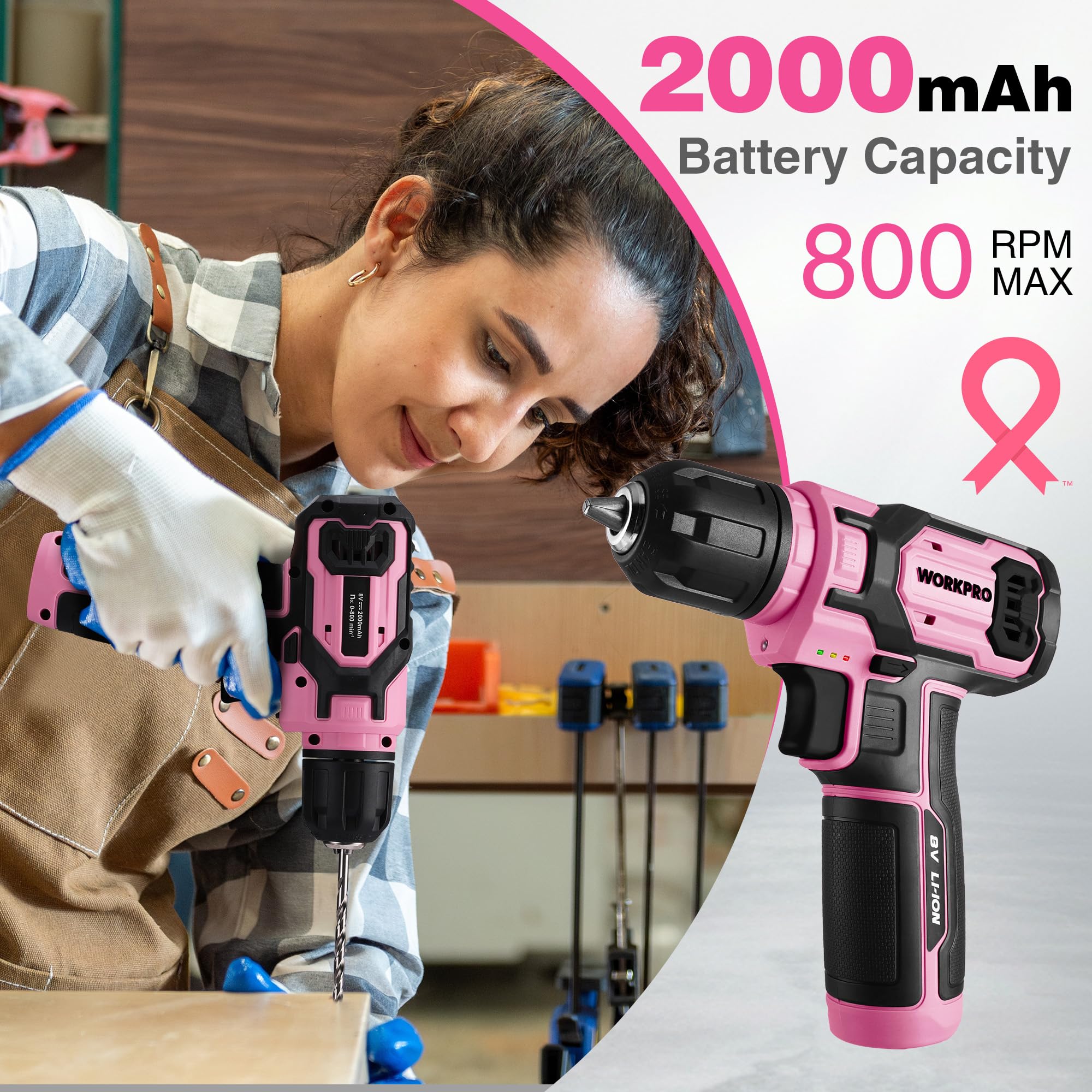 Compact pink drill kit suitable for hanging pictures and furniture assembly