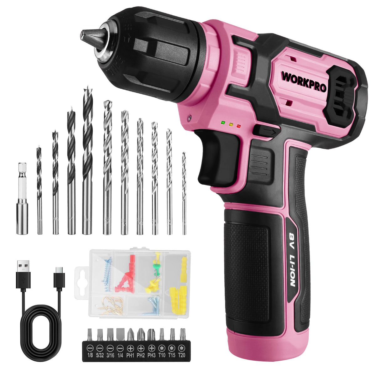WORKPRO 8V pink cordless drill set for women product front view