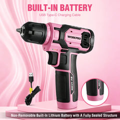 Pink WORKPRO drill with 8V battery and USB charger included