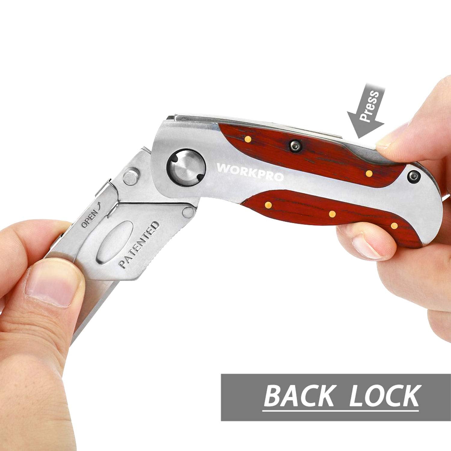 Anti-slip grip and back lock on WORKPRO utility knife