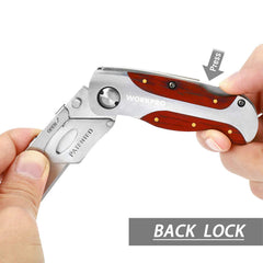 Anti-slip grip and back lock on WORKPRO utility knife