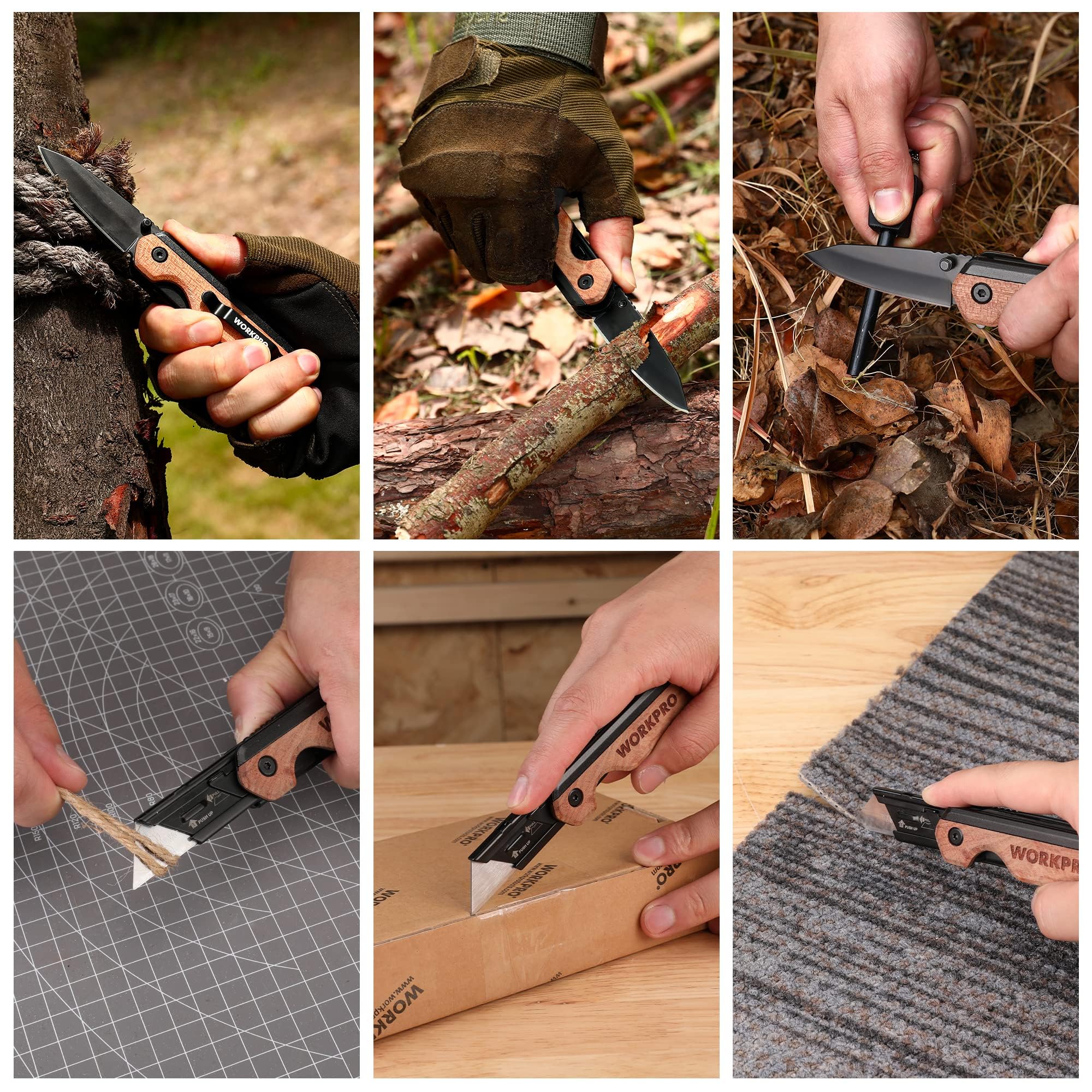 WORKPRO wood handle folding knife packaging and accessories
