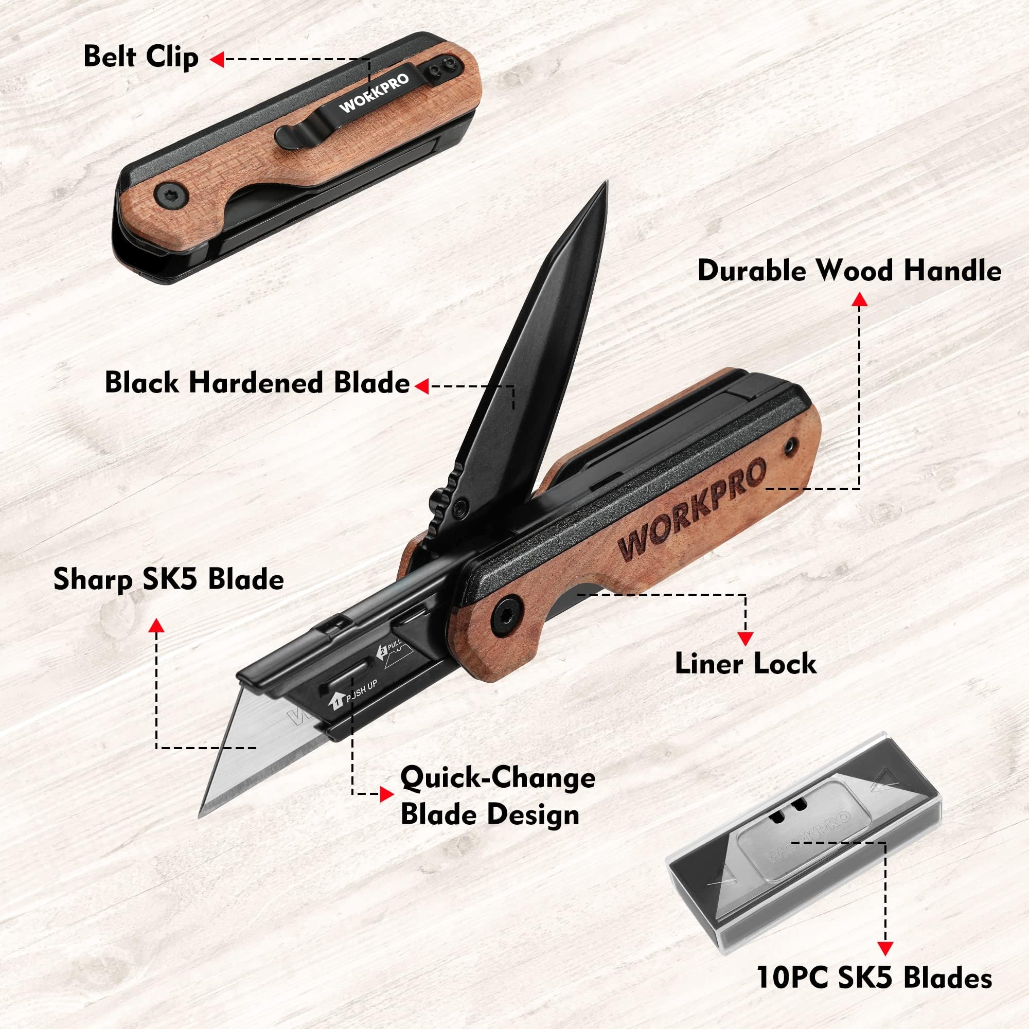 WORKPRO folding knife belt clip carry example