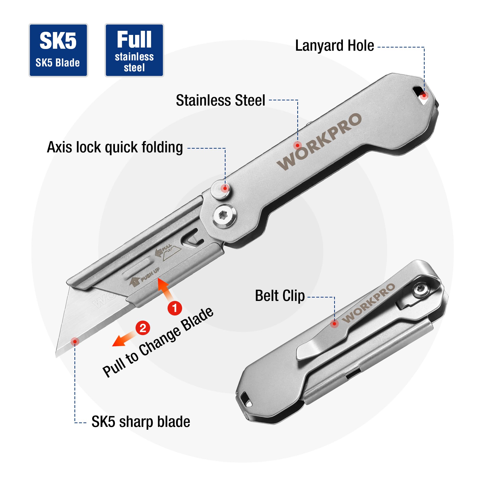 WORKPRO Foldable Pocket Knife with Belt Clip