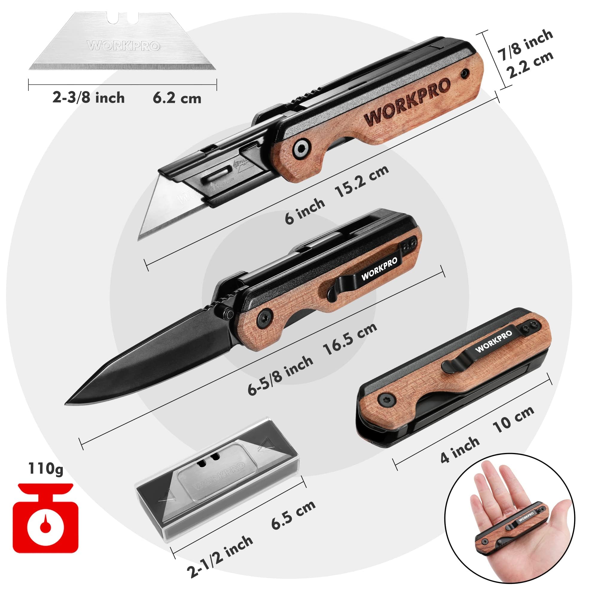 WORKPRO folding knife utility and pocket modes shown