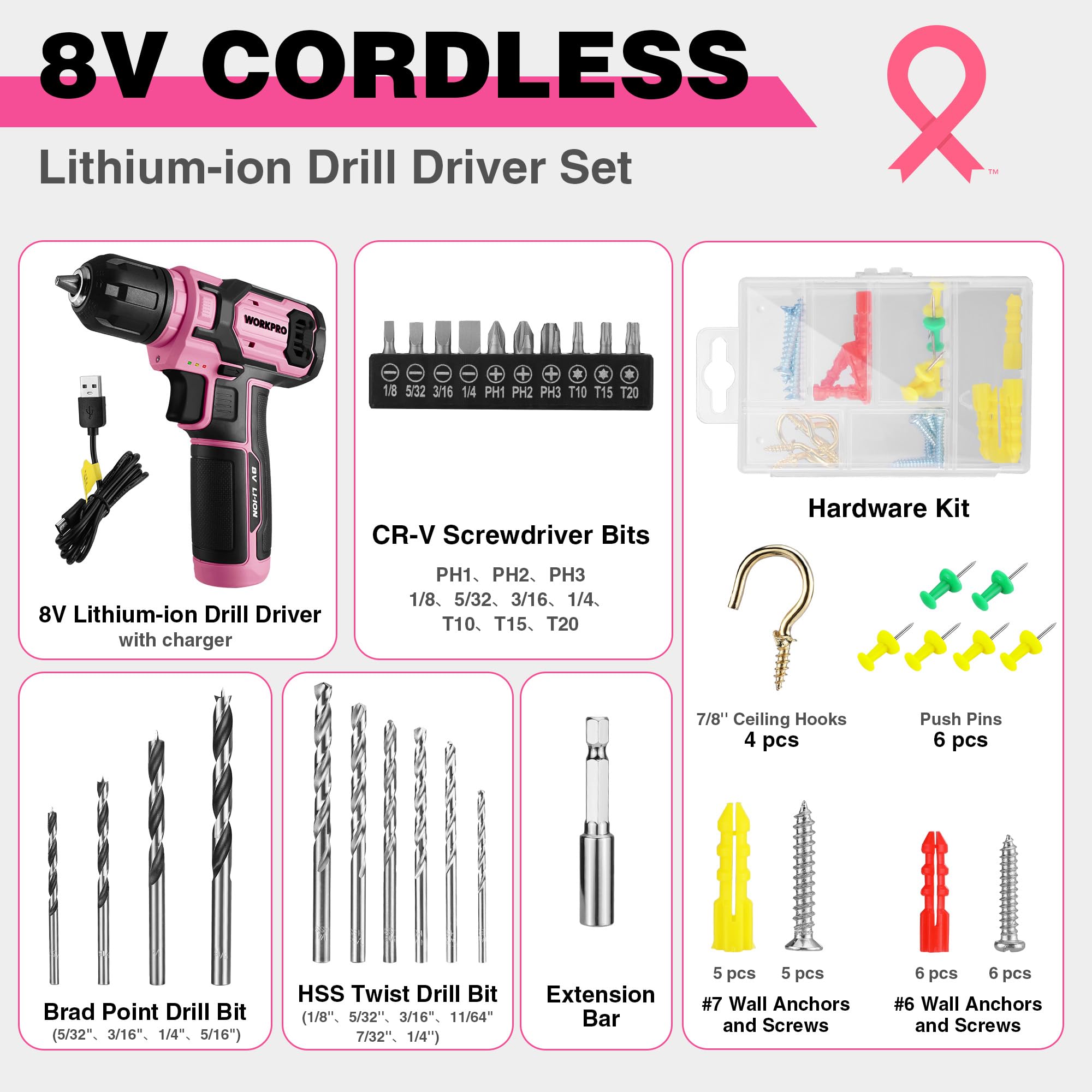 53pcs accessories included with the WORKPRO drill kit