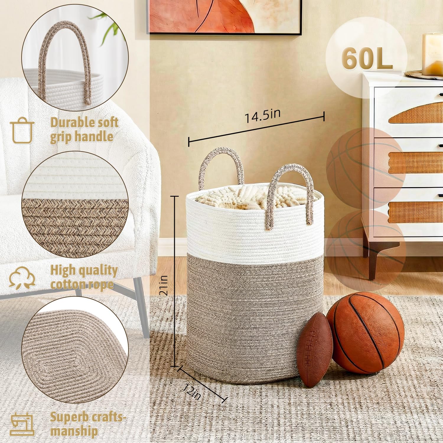 Brown 60L laundry hamper for home use