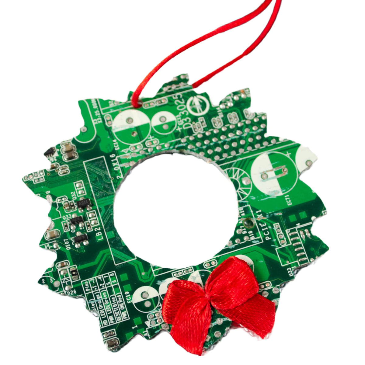 Wreath Circuit Board Christmas Ornament made from real recycled circuit boards