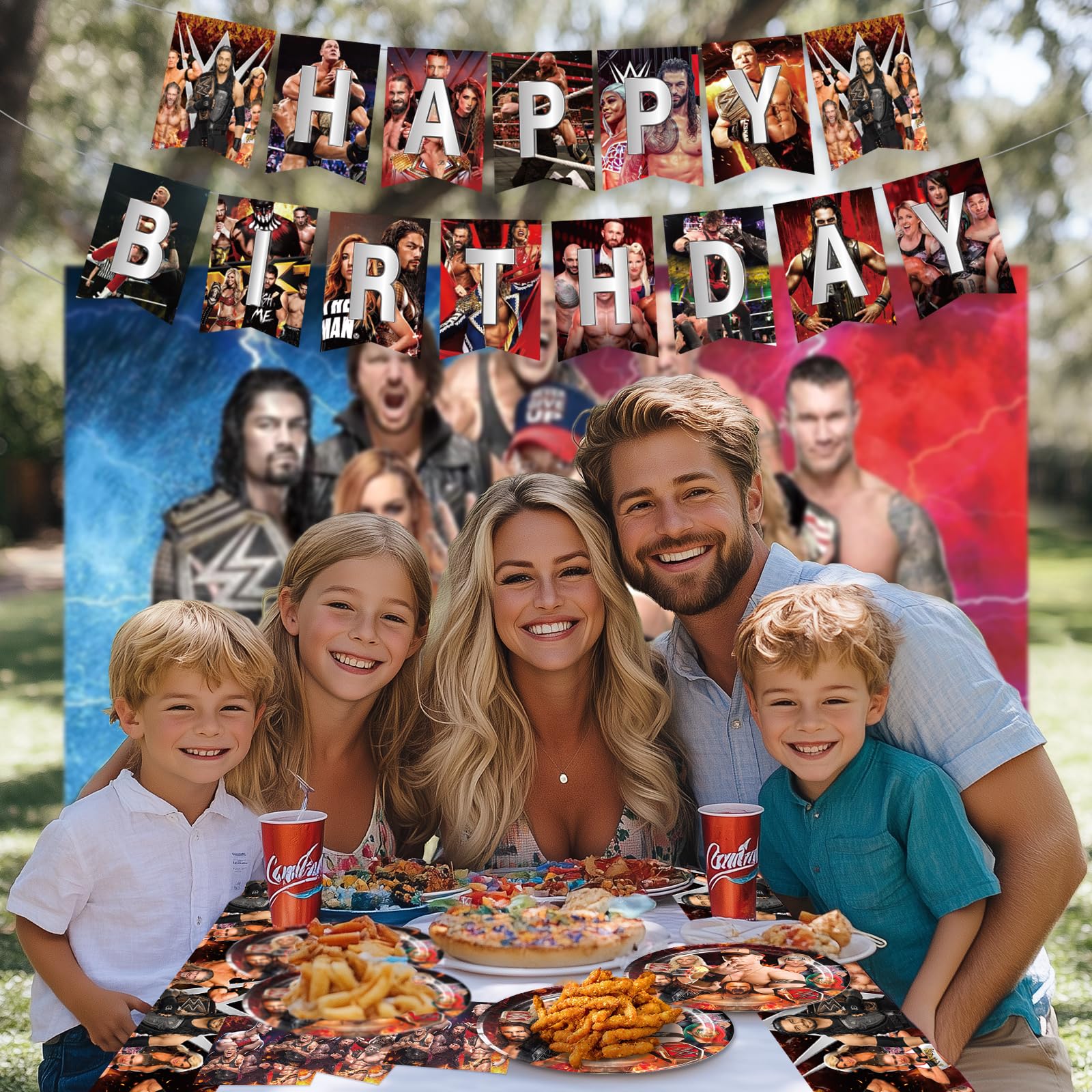 Wrestling party decorations banner and tablecloth 42pcs