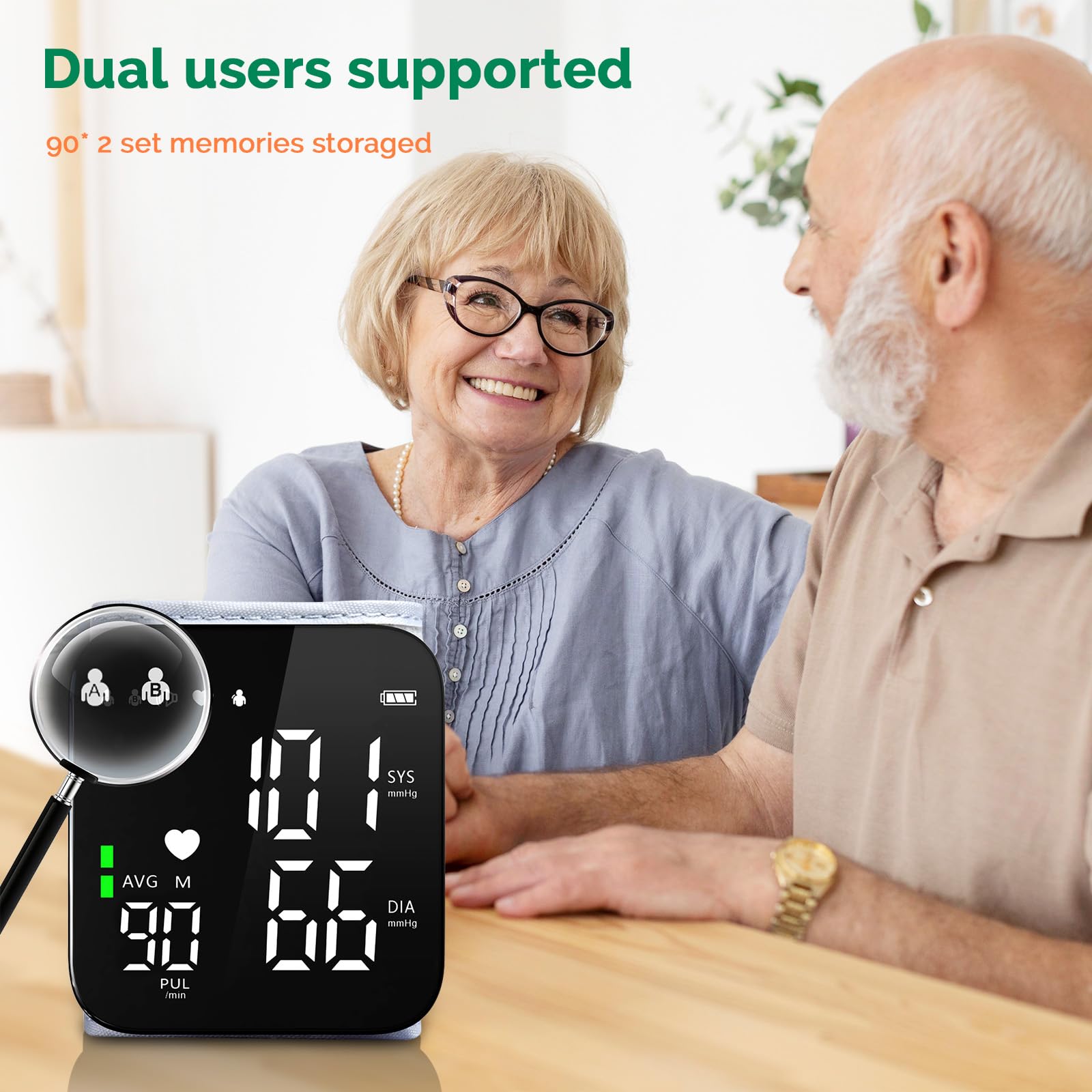 Wrist BP monitor memory slots for dual users 180 total