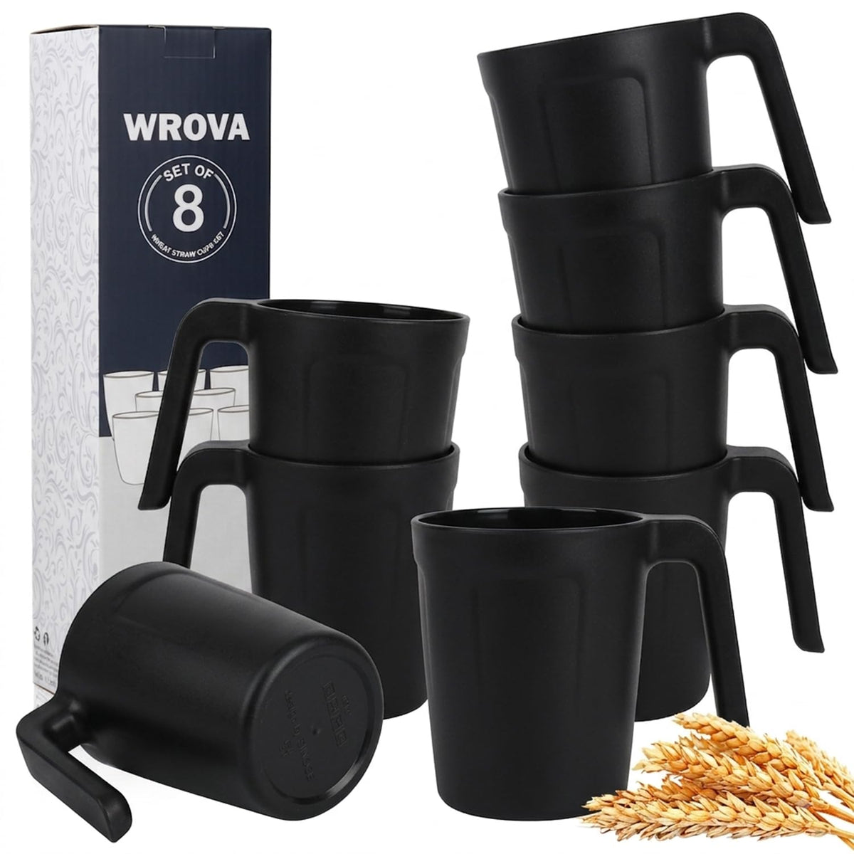 Wrova wheat straw coffee mugs set black 16 oz