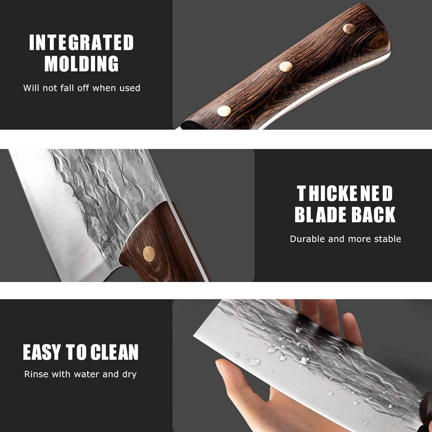 Full-tang wood handle with triple rivets