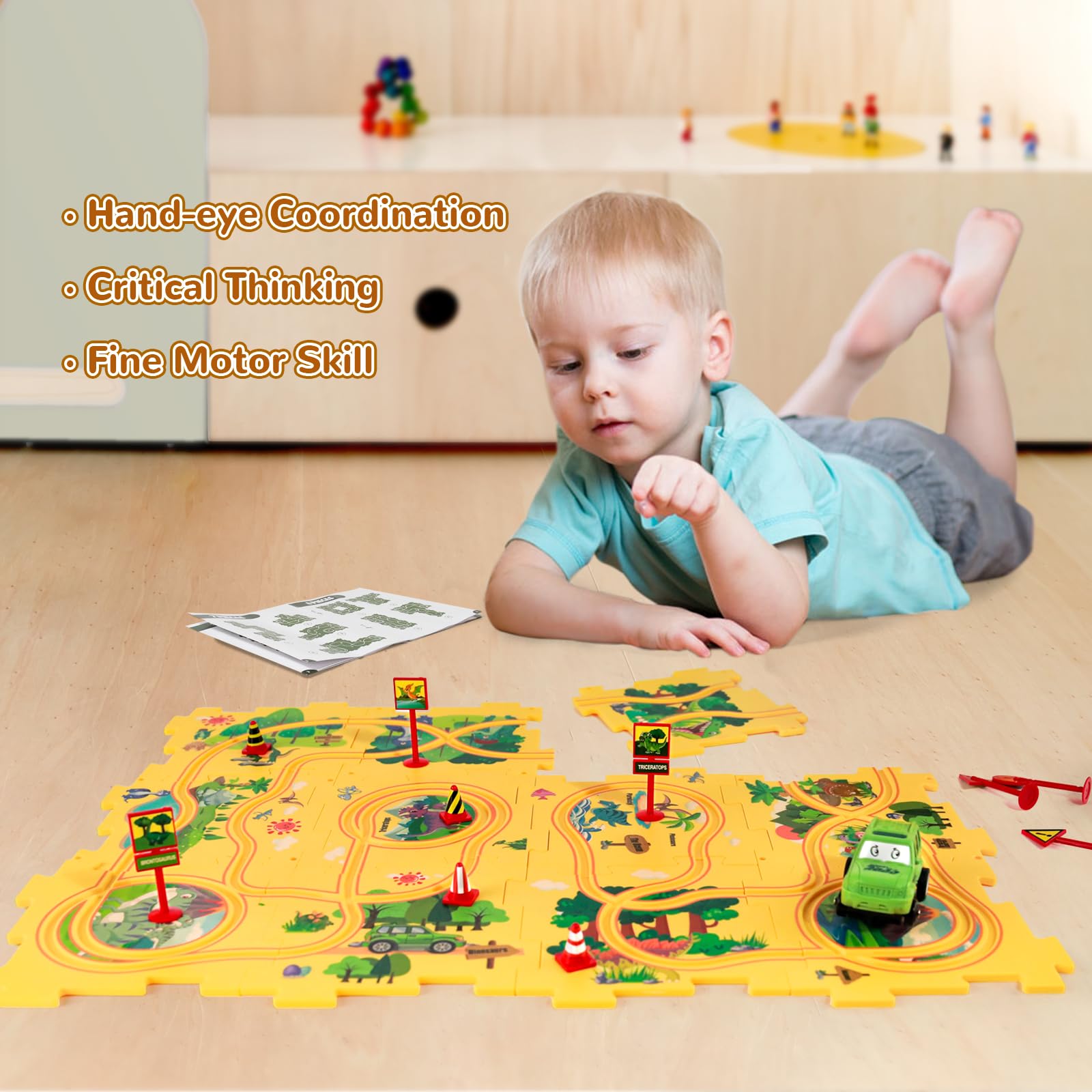 Green car included with puzzle track play set