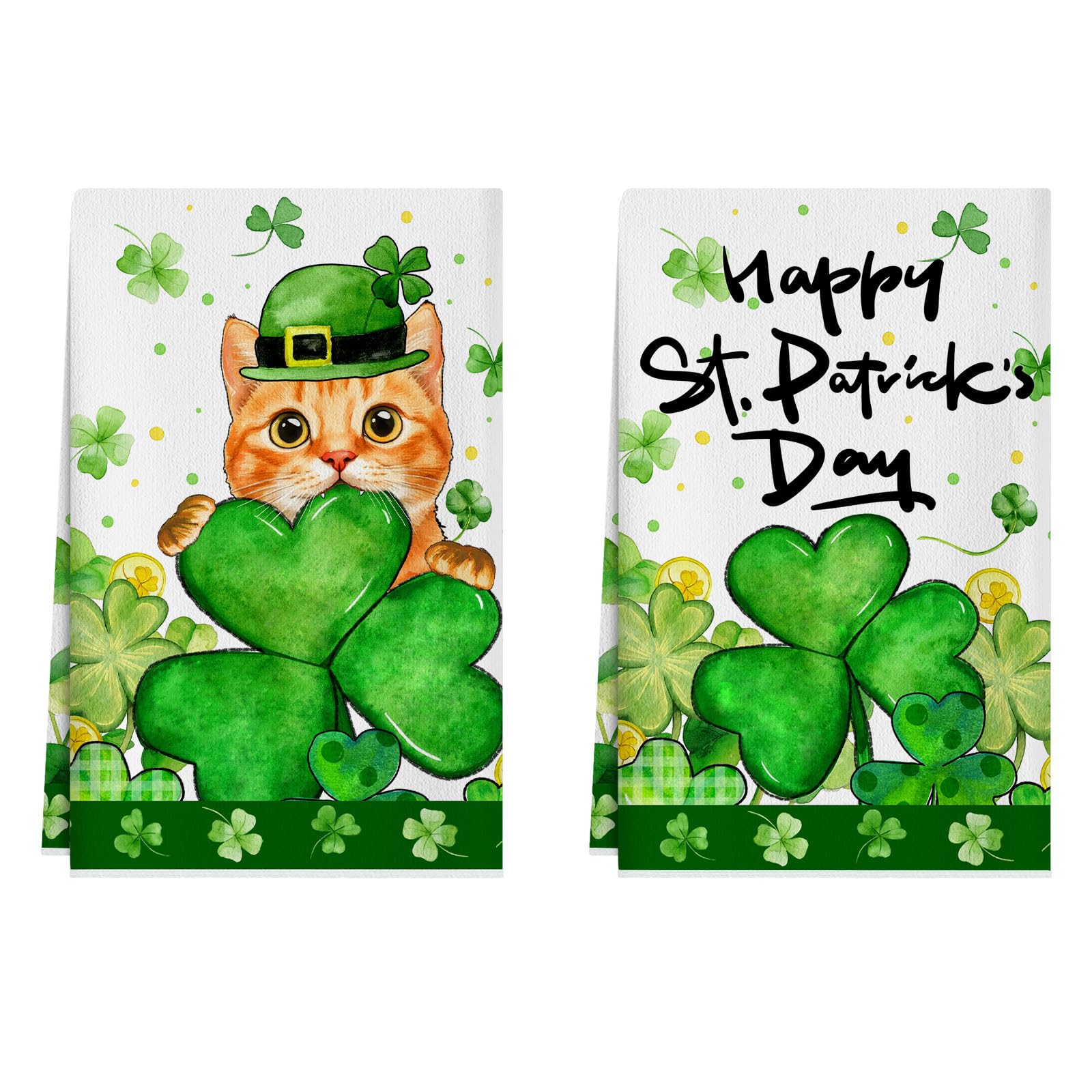 XCHI green shamrocks cat clovers kitchen towels 18x26 set of 2