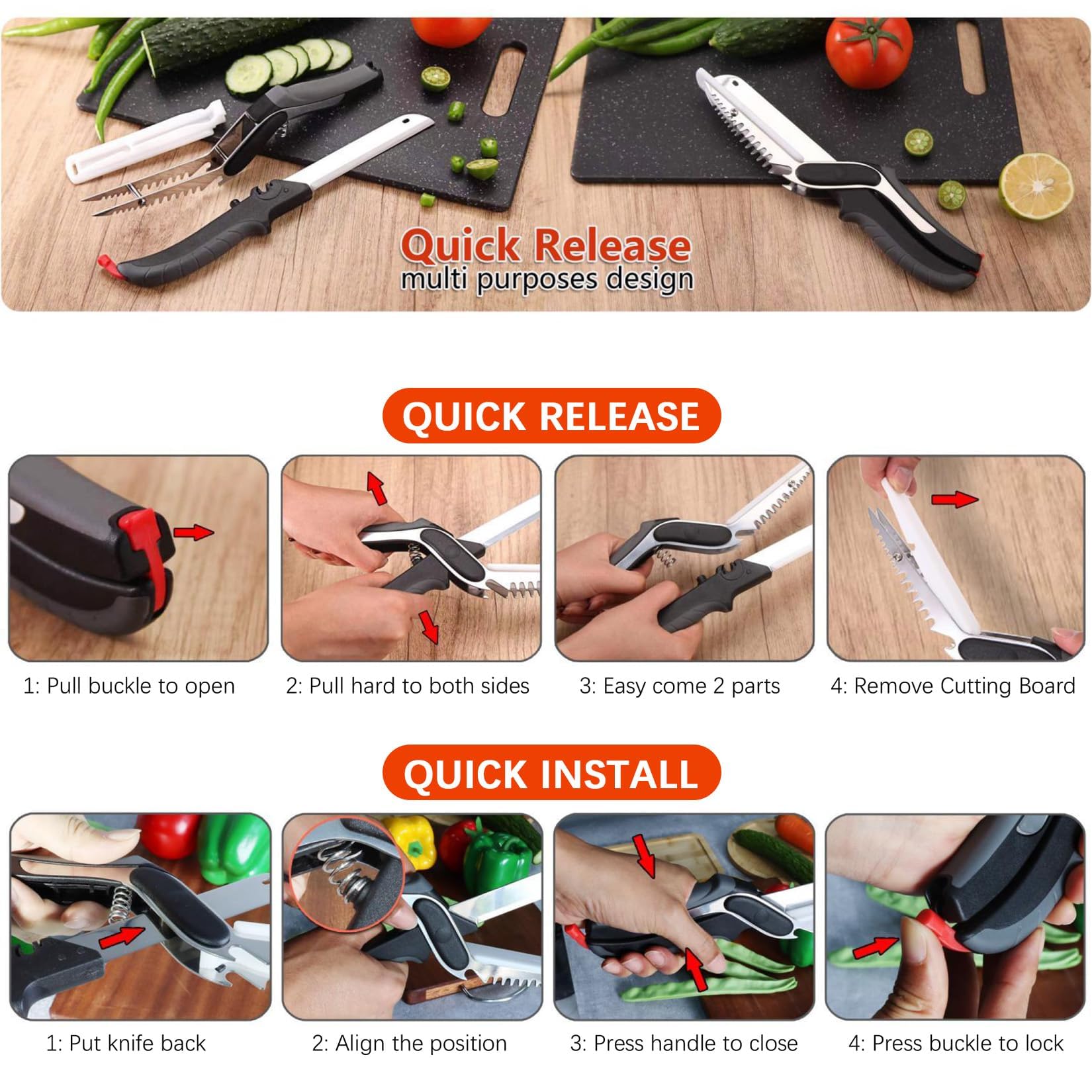 Tail safety latch and food-grade stainless steel blades