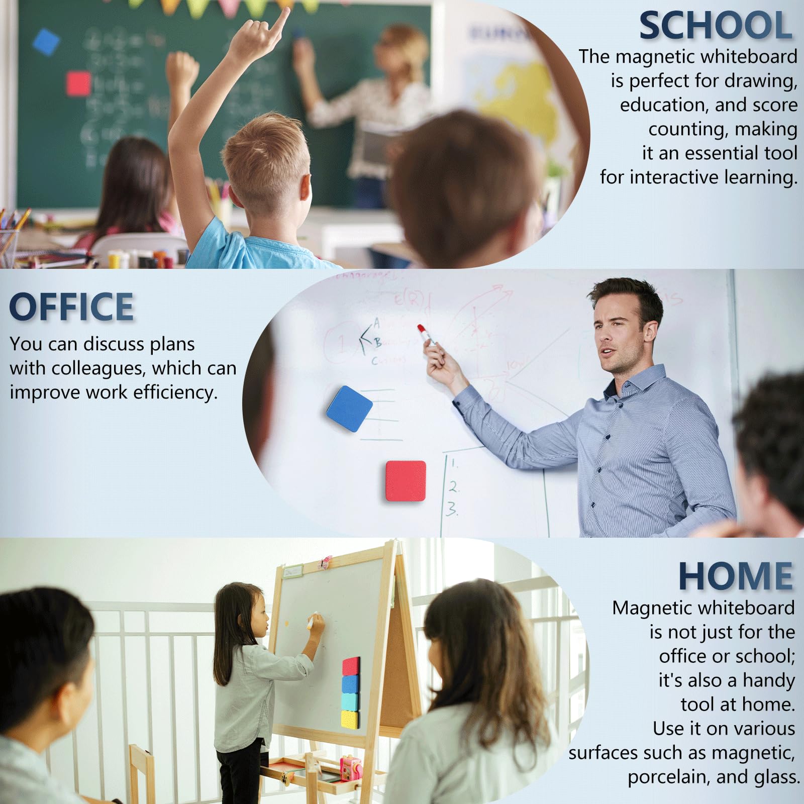 Magnetic erasers attach to magnetic whiteboards