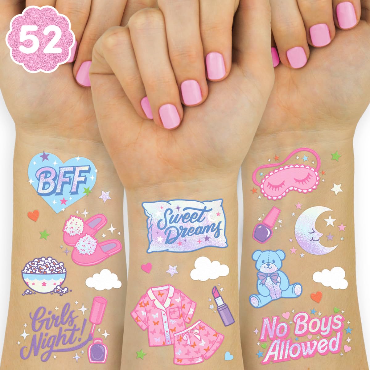 xo, Fetti 52pc pink sleepover tattoos two sheets view