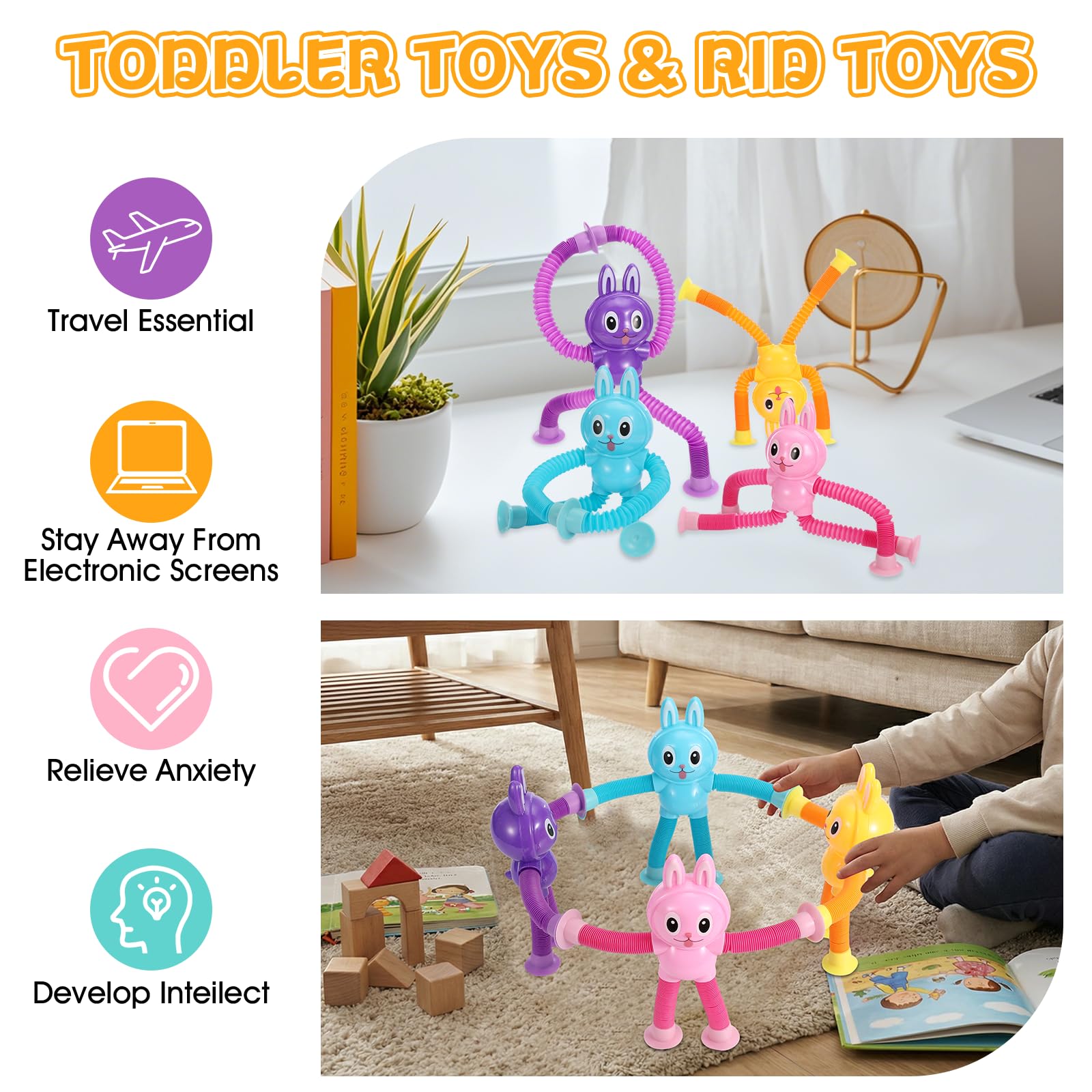 Four pack telescopic pop tubes bunny travel toys close up