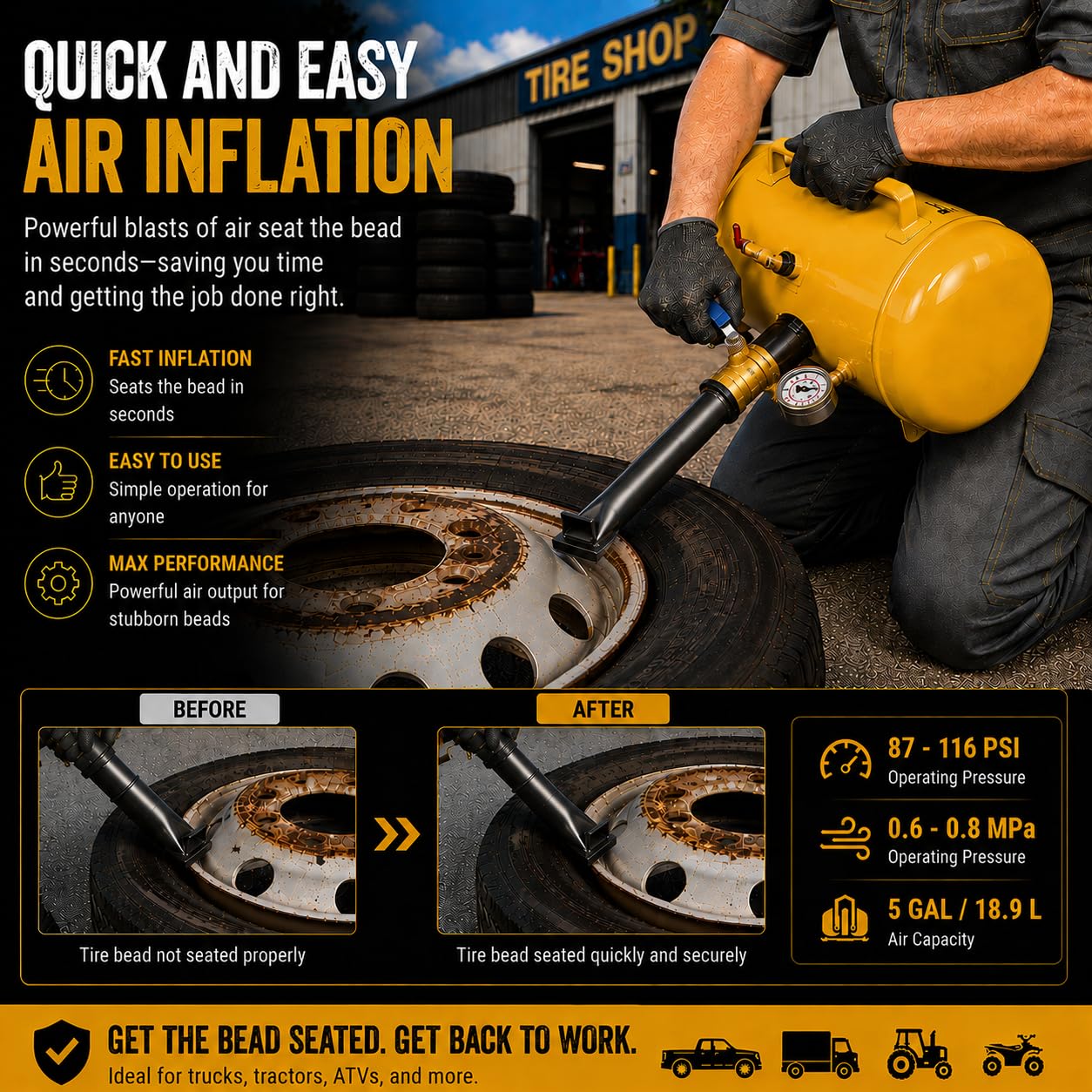 Portable 5-gallon tank with carry handle for tire service
