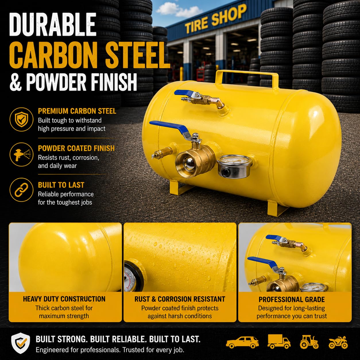 Bead seating tool for tubeless tires including ATVs and tractors