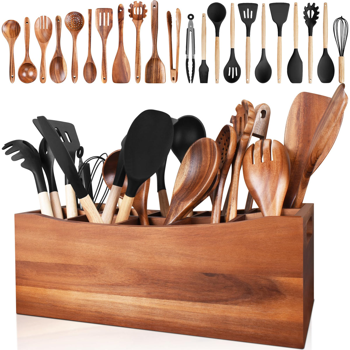 XYJ wooden utensil holder on kitchen counter