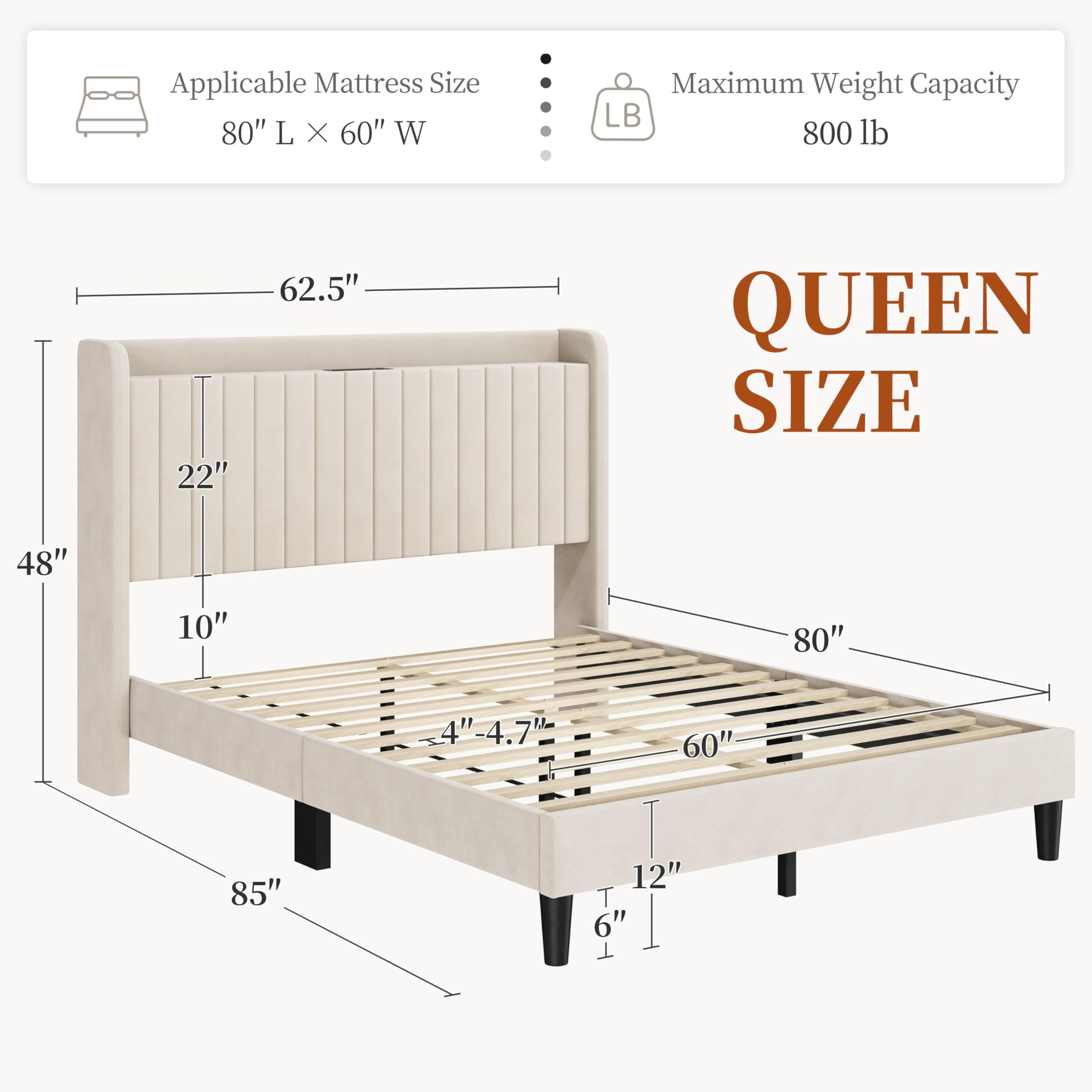 Beige upholstered headboard with storage shelf detail