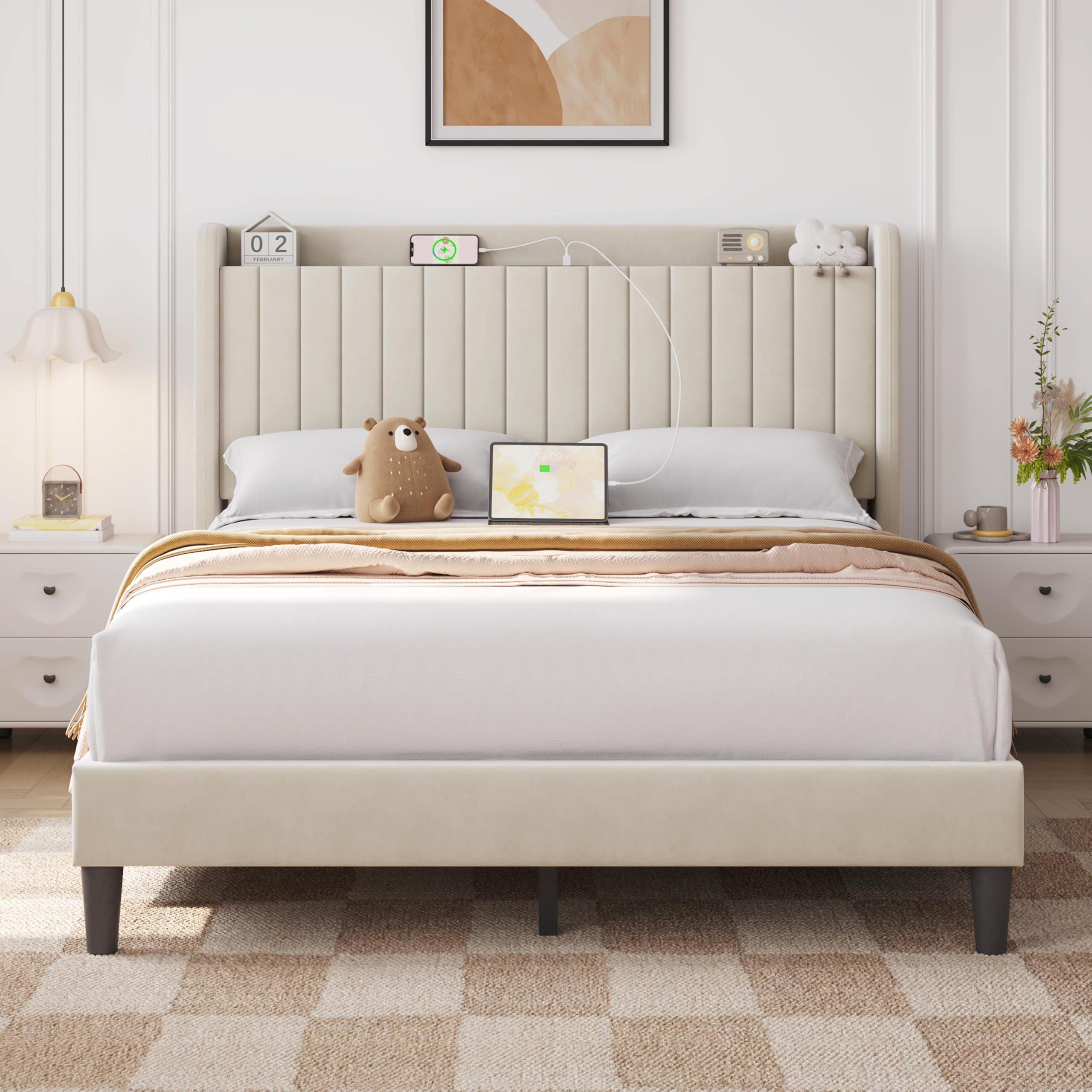 Yaheetech queen bed frame with USB charging station headboard side view
