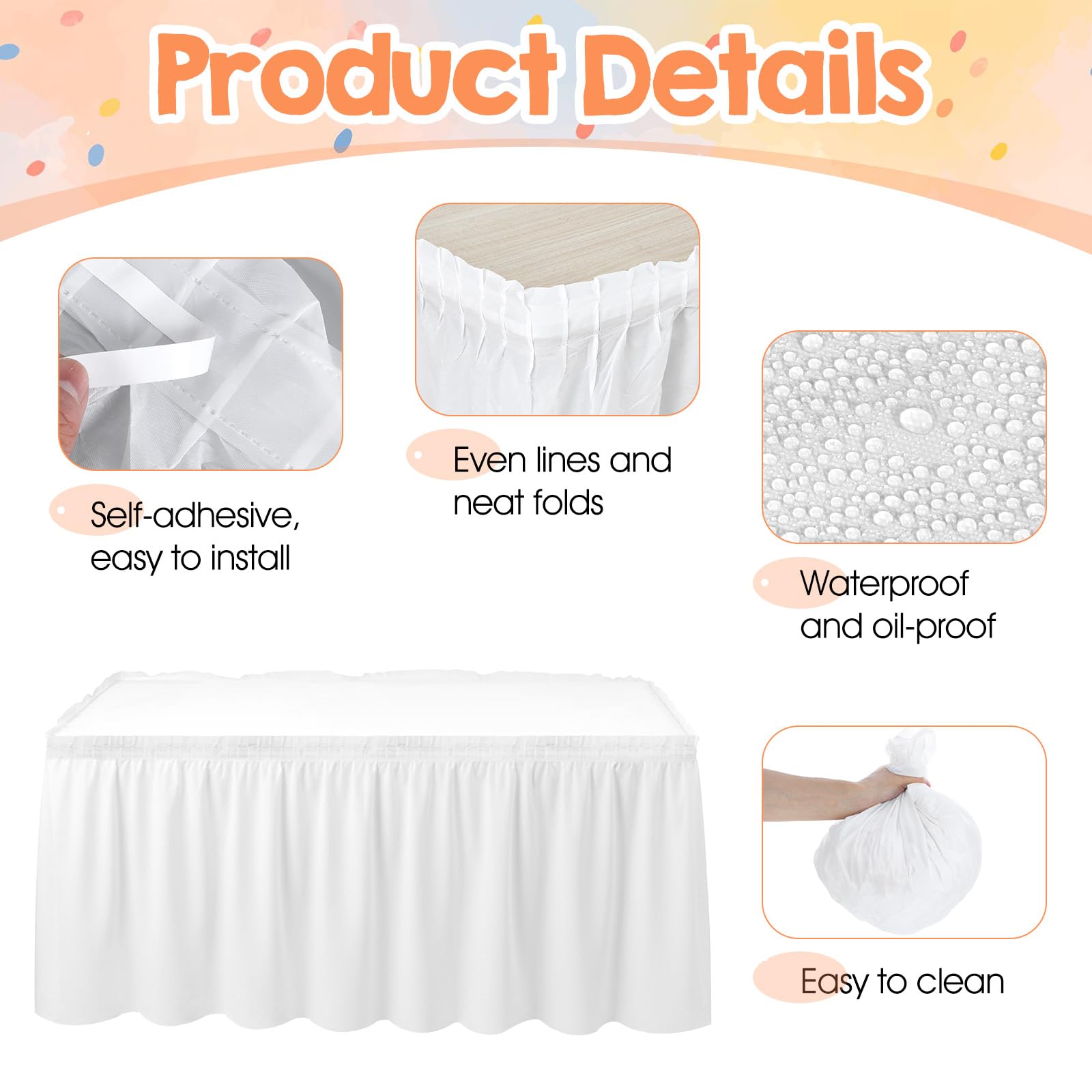 Self-adhesive rectangular table skirt for easy installation