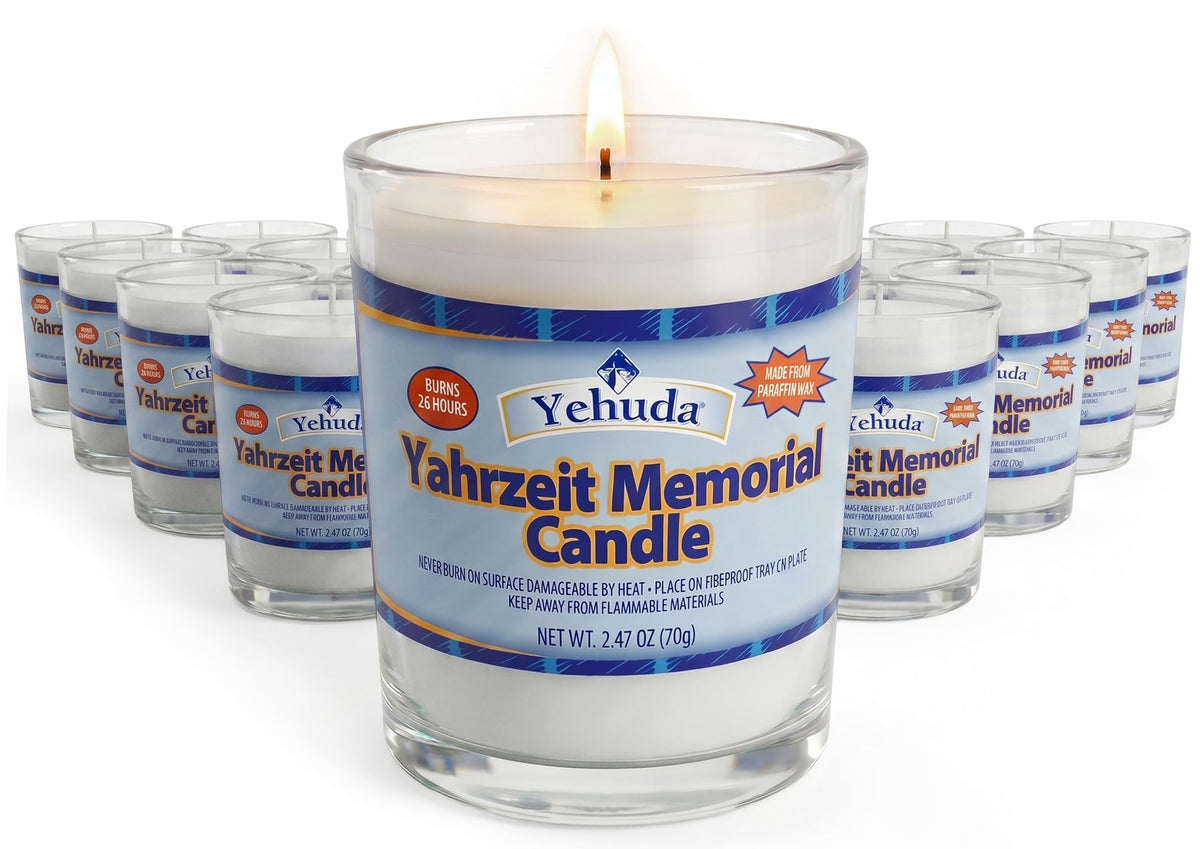 Yehuda Yahrzeit memorial candle in a glass tumbler bulk pack