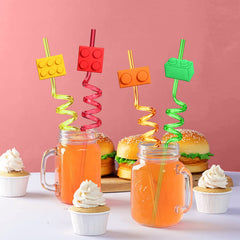 Building Blocks Party straws with green brick block pattern