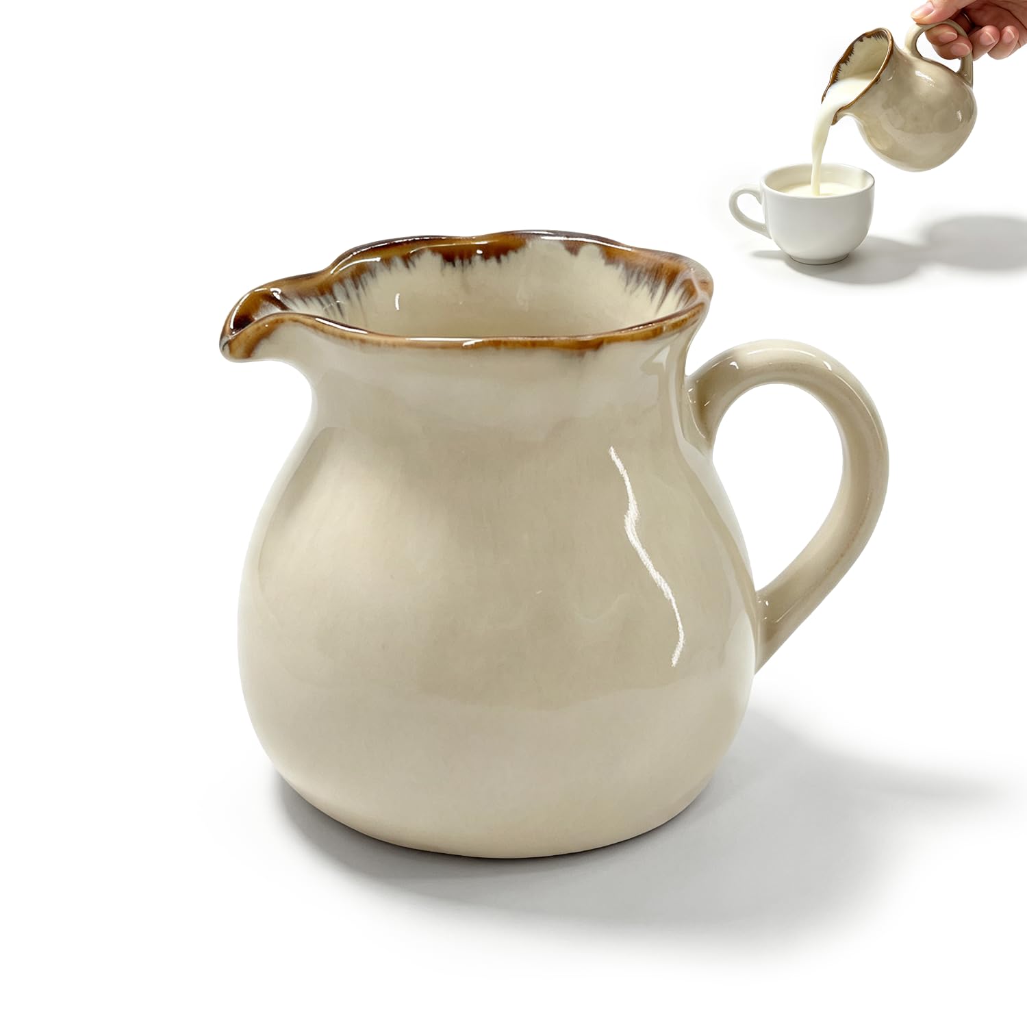 Yellow-brown ceramic milk pitcher with handle 12.3oz