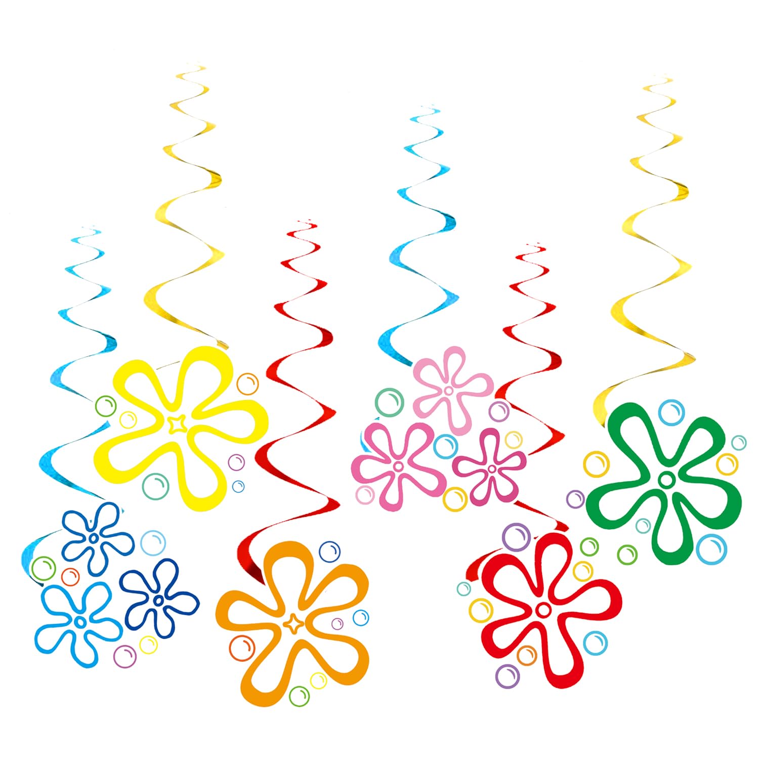 Yellow cartoon party swirls with flower bubble elements