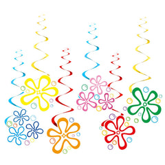 Yellow cartoon party swirls with flower bubble elements