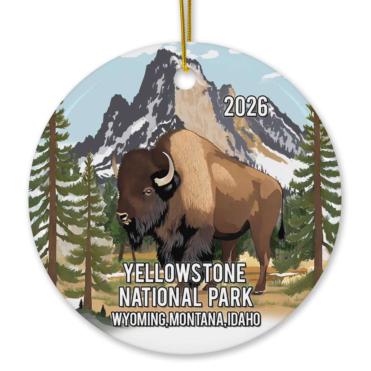 Yellowstone National Park ornament front view with bison and pine