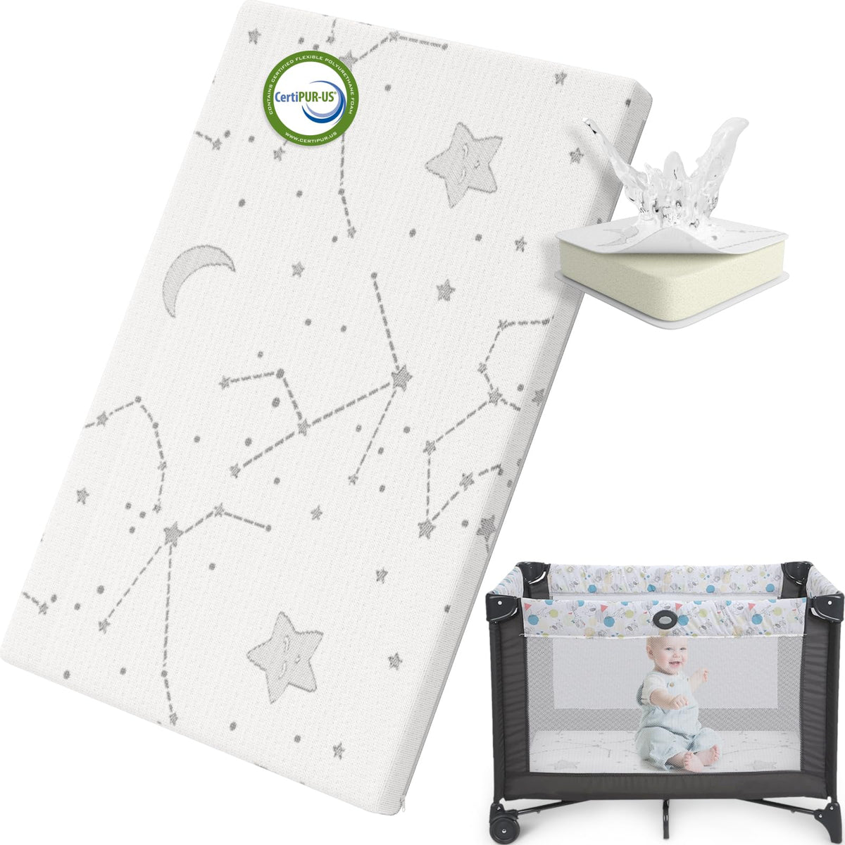 YENING Pack and Play Mattress Topper 38x26 with washable cover for Playpen