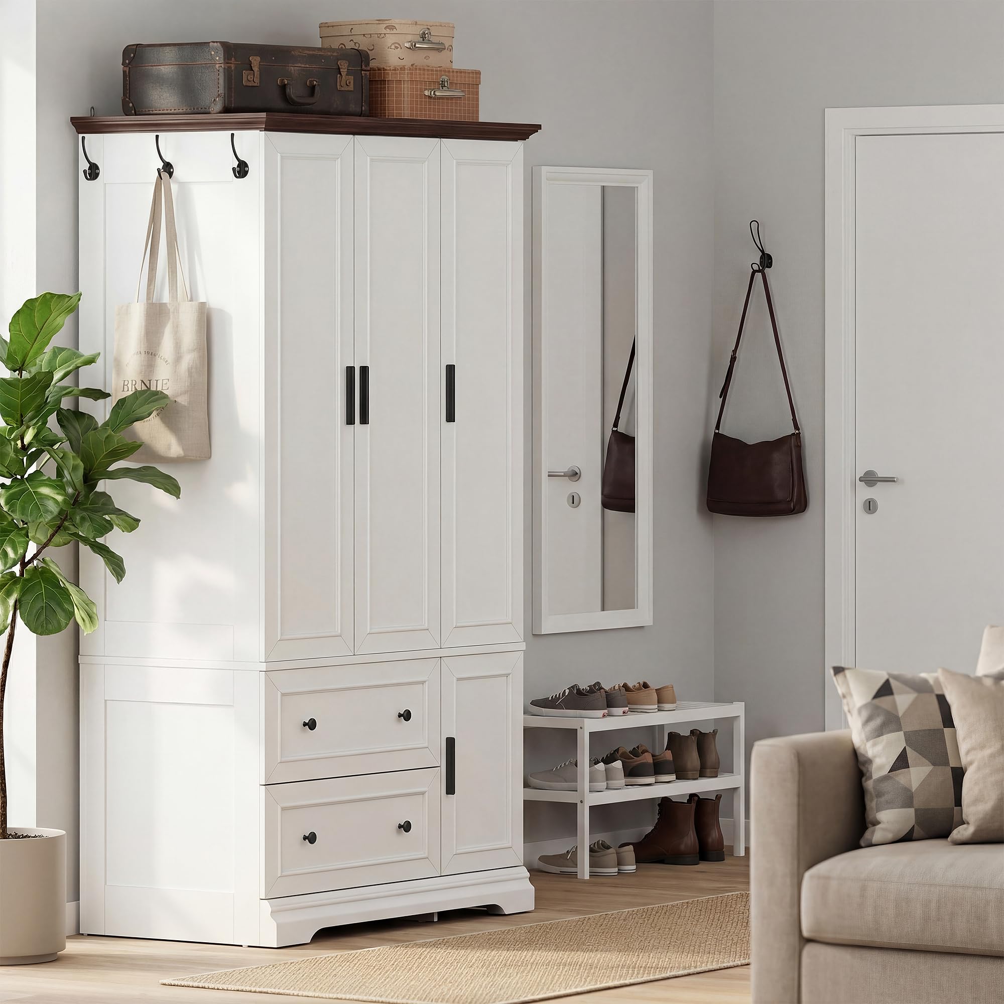Anti-tip kit and enclosed base provide stability in YESHOMY armoire wardrobe closet