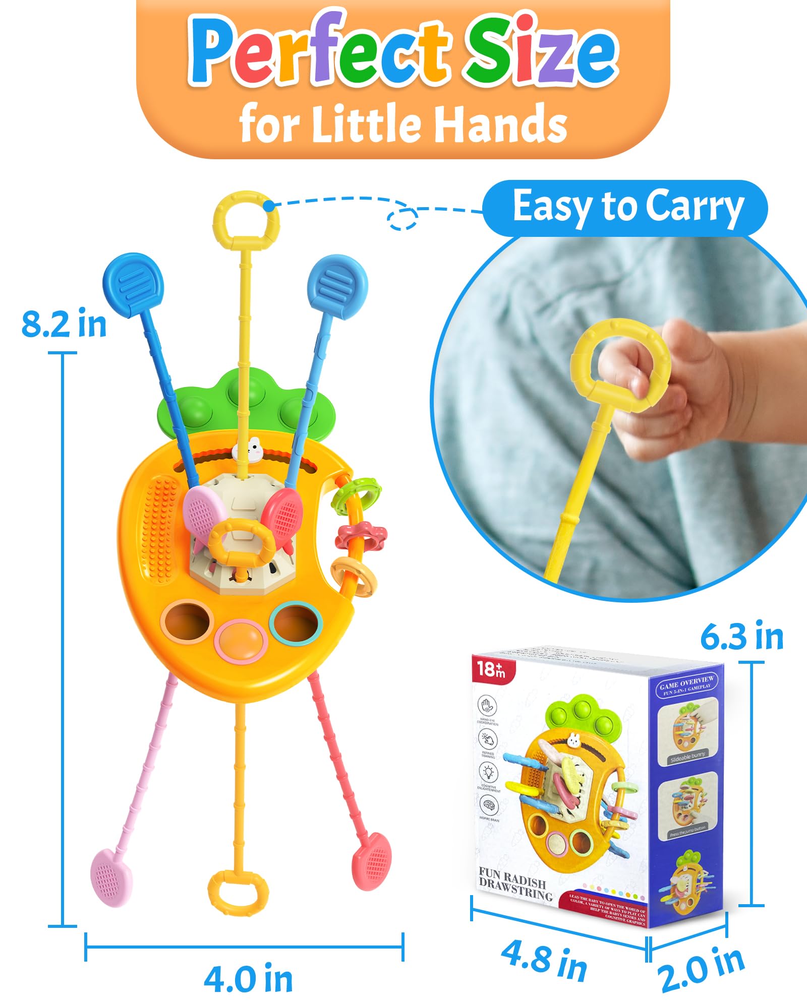 Six strings of different shapes and colors to develop fine motor skills