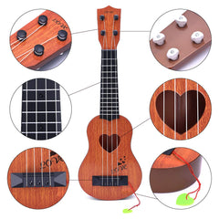Mini ukulele toy ABS plastic four carbon nylon strings close up