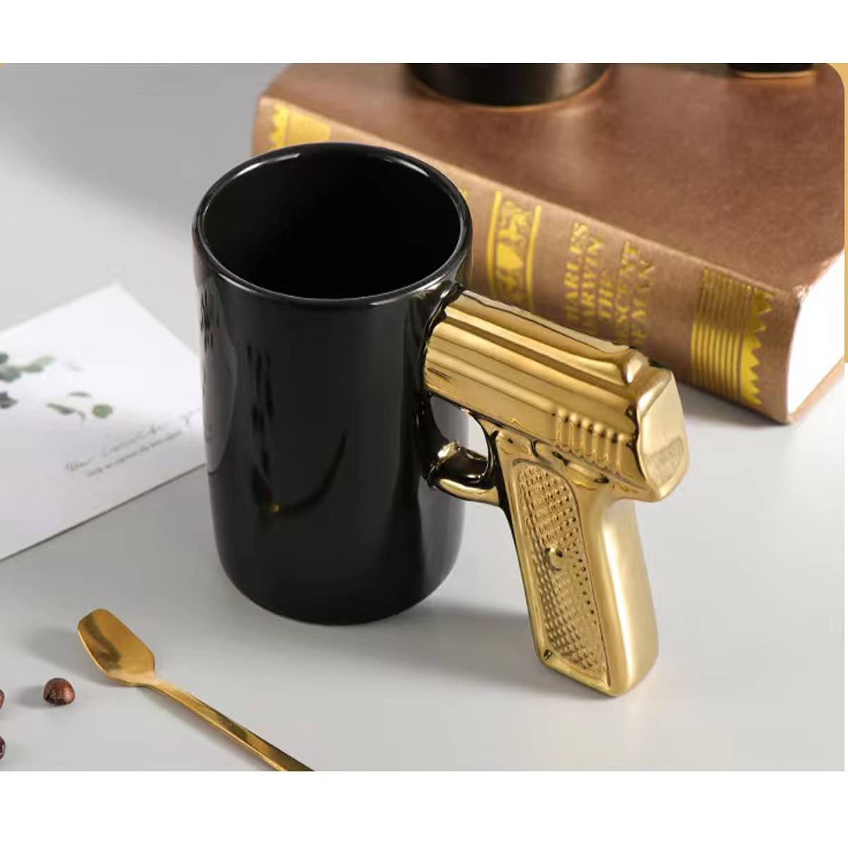 YF-ANEN Creative ceramic cup pistol-shaped ceramic coffee cup with black body and gold handle