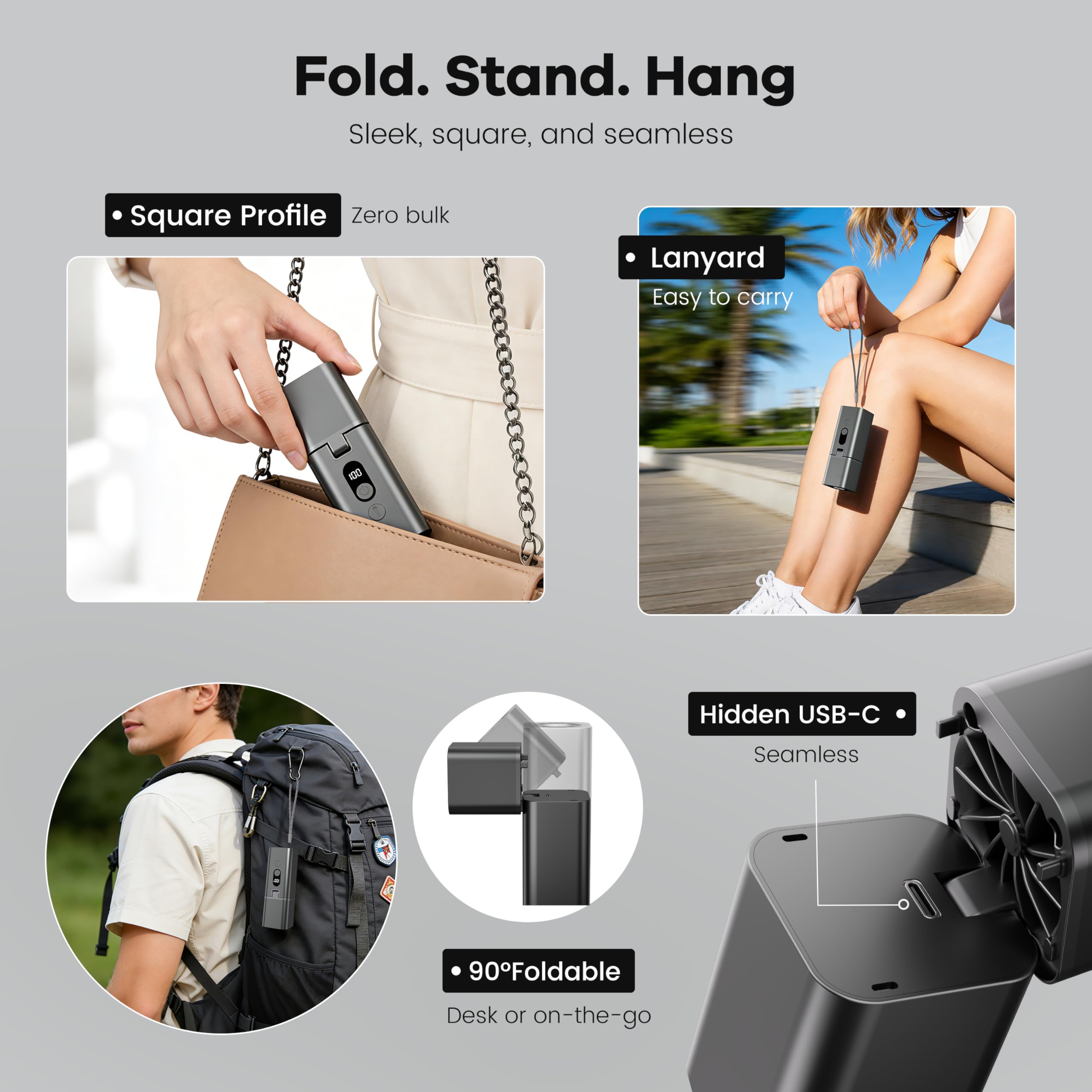 Travel and concert ready orange Yibest fan with flashlight