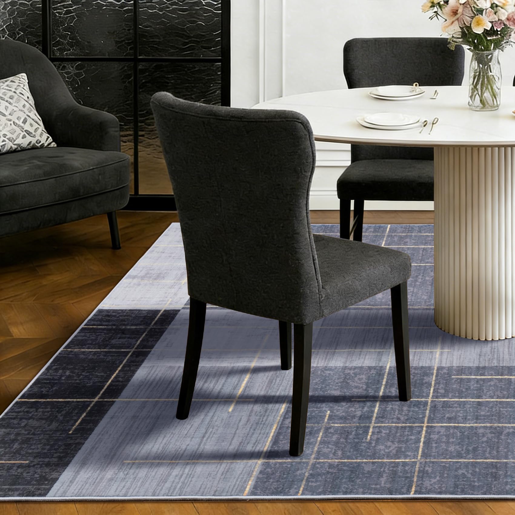 Kid and pet-friendly YIHOUSE rug 5x7 blue gray white with gold stripe